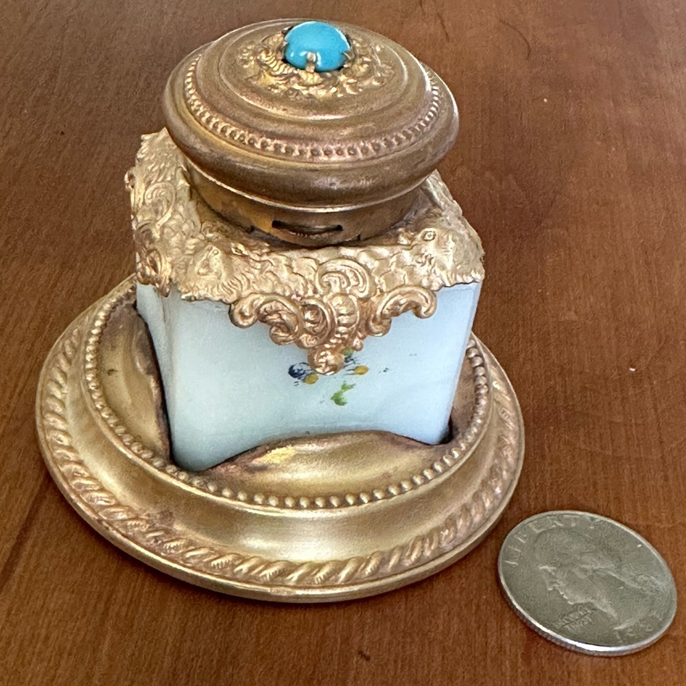Antique French Opaline Glass And Brass Inkwell w/Jeweled Top - Picture 2 of 10